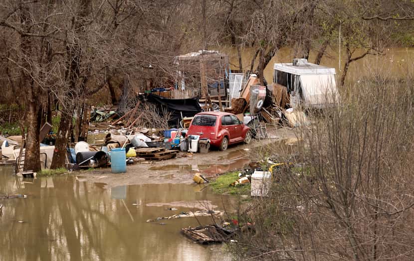 A portion of a homeless encampment in northwest Dallas after recent flooding.
