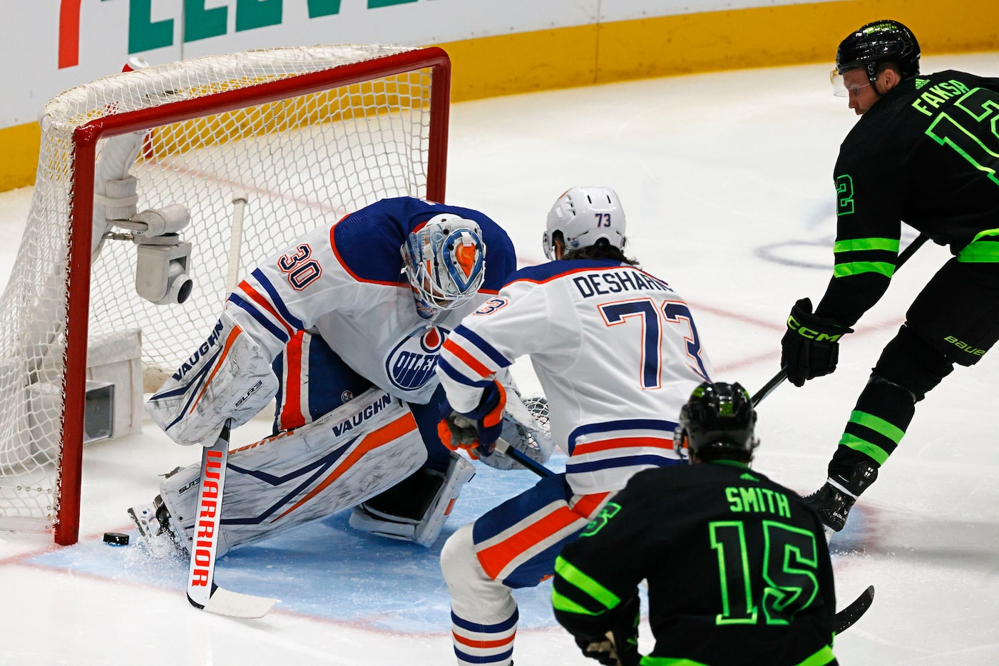 Dallas Stars center Radek Faksa (12) scores a goal against Edmonton Oilers goaltender Calvin...