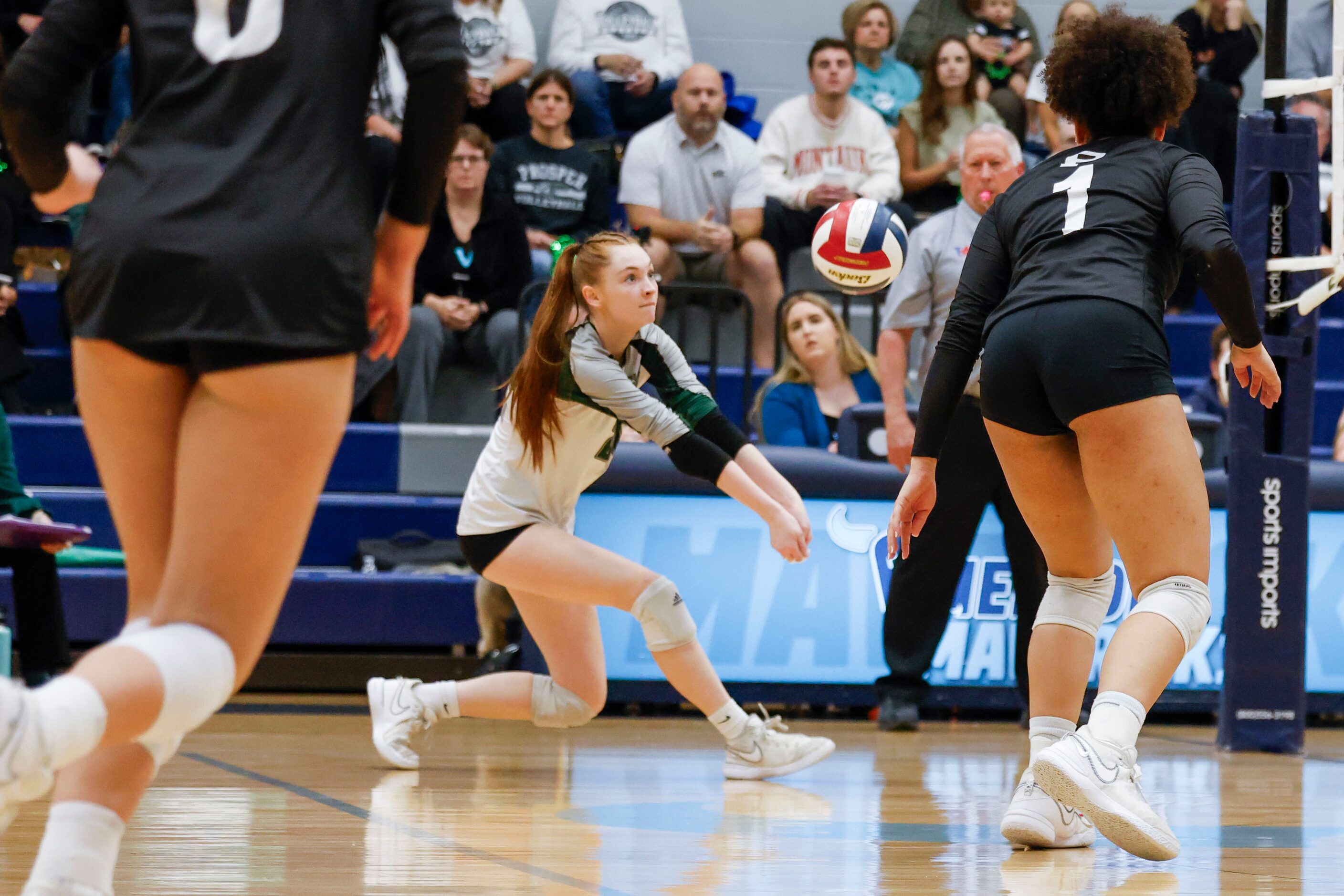 Prosper high school’s Sophie Bridges digs the ball against Plano West during class 6A...