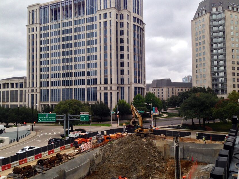 The 20-story hotel tower is under construction at Pearl and Olive streets in Dallas' Uptown...