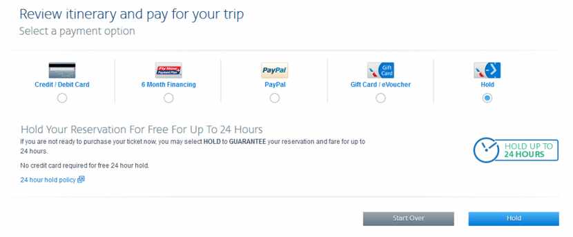  This screen grab from aa.com shows American Airline's free 24-hour hold option.