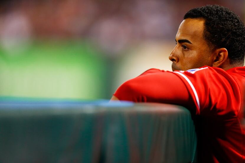 Nelson Cruz #17 of the Texas Rangers looks on in the sixth inning against the Tampa Bay Rays...