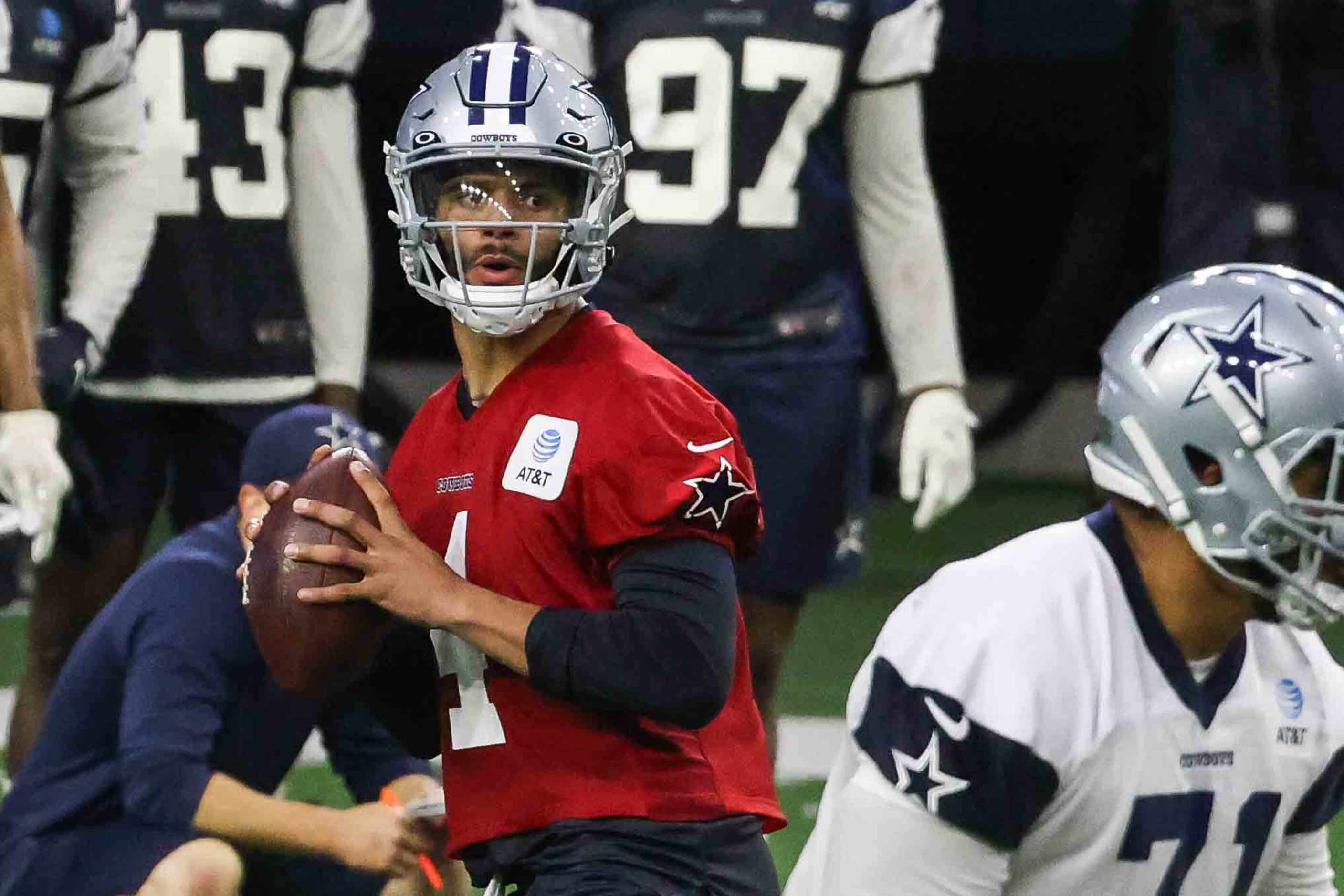 QB Dak Prescott, 4, during the Cowboys' full-squad offseason workouts at The Star in Frisco...