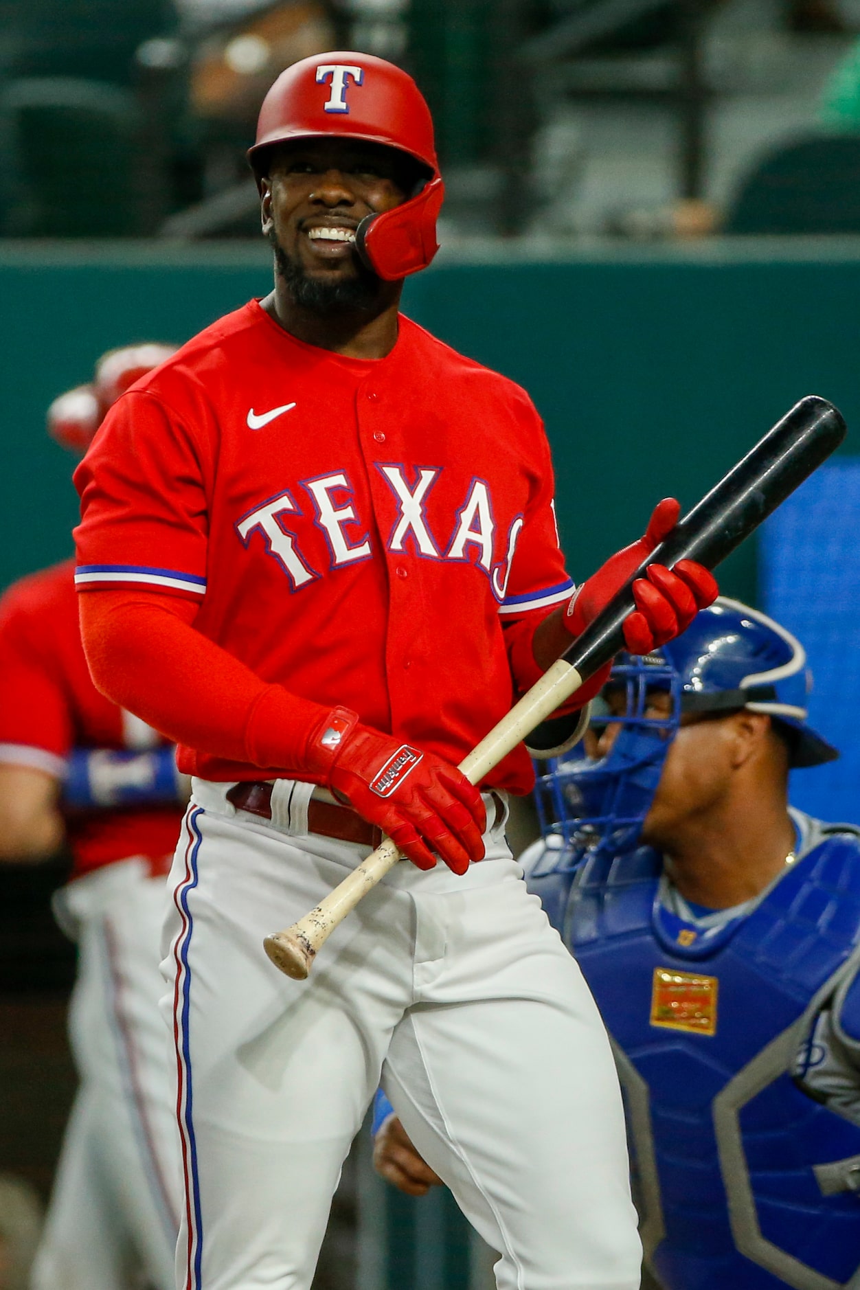 Texas Rangers center fielder Adolis Garcia (53) reacts during an appearance at the plate...