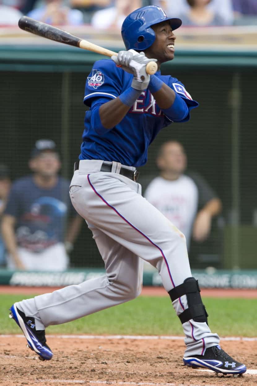 CLEVELAND, OH - SEPTEMBER 02: Jurickson Profar #2 of the Texas Rangers flys out to center...