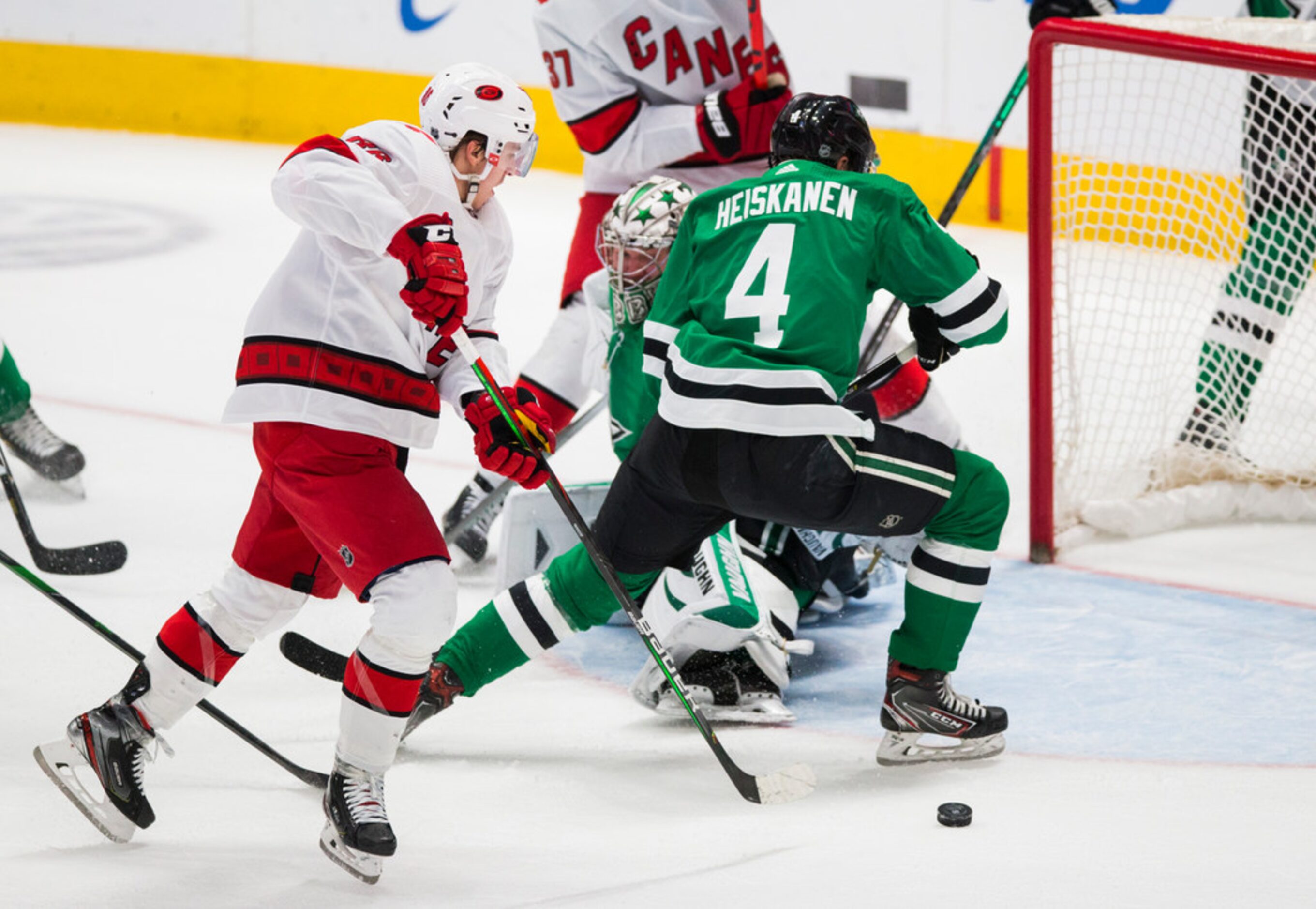 Carolina Hurricanes center Martin Necas (88) tries to get past Dallas Stars defenseman Miro...