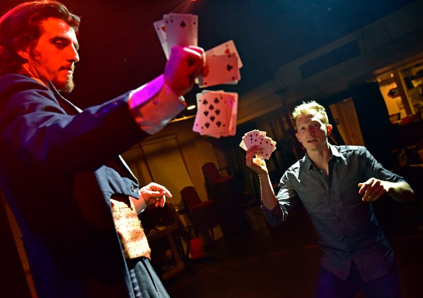 Magician and consultant Trigg Watson, right, works with actor Wyn Delano (young Avi) as he...