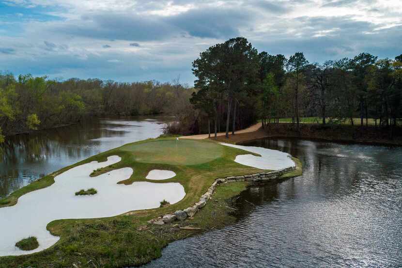 An aerial view of No. 15 at Whispering Pines Golf Club. The course in Trinity, Texas, near...