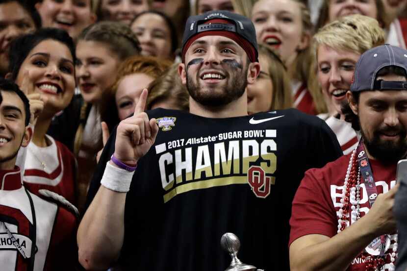 NEW ORLEANS, LA - JANUARY 02:  Baker Mayfield #6 of the Oklahoma Sooners celebrates after...