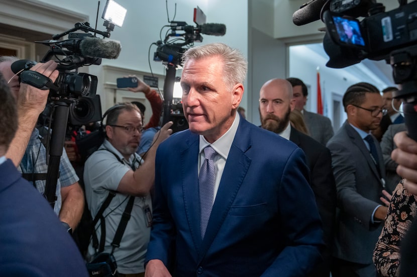 Former House Speaker Kevin McCarthy of Calif., arrives as Republicans meet to nominate a...