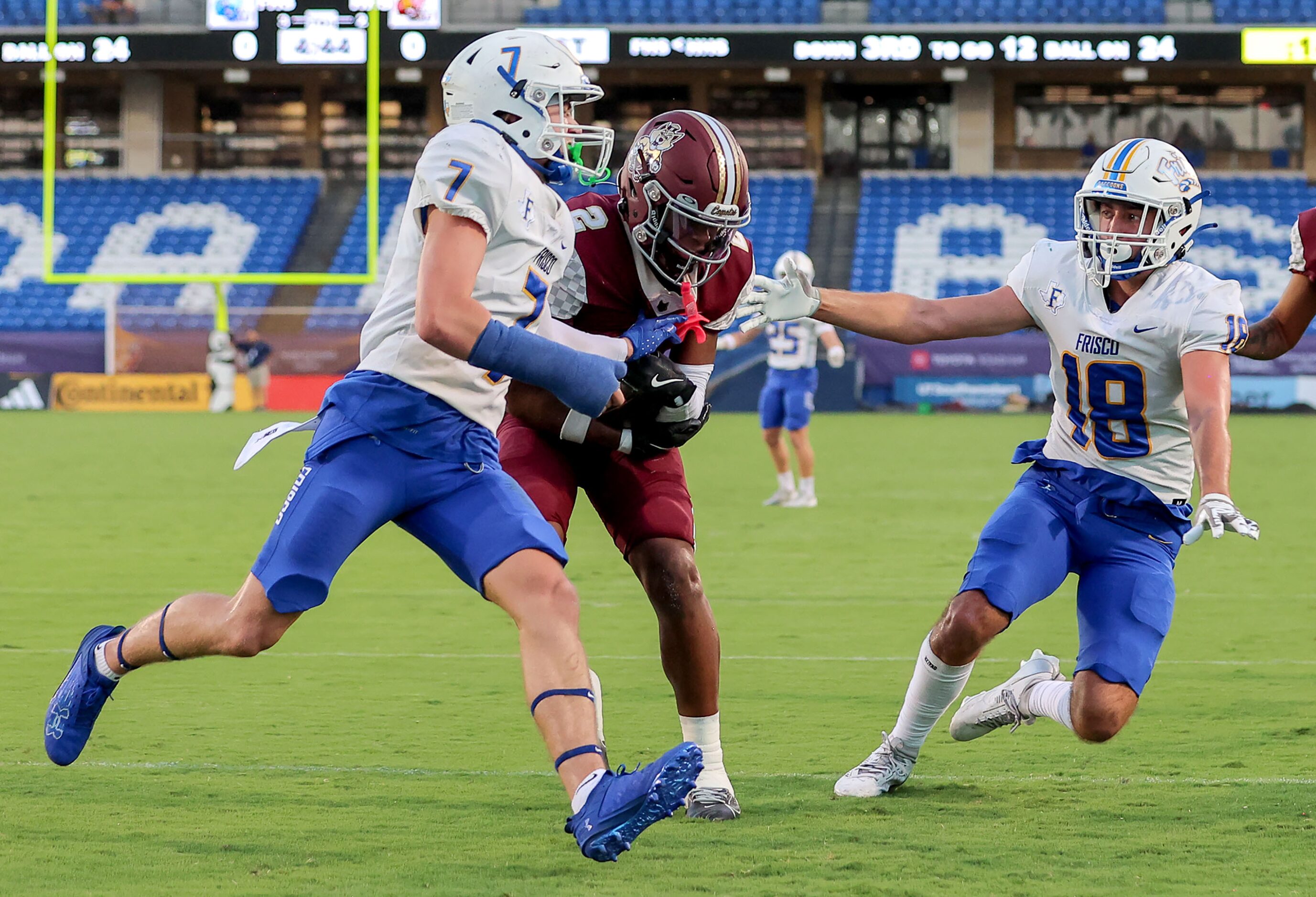 Frisco Heritage wide receiver Tatum Bell (2) come up with a touchdown reception against...