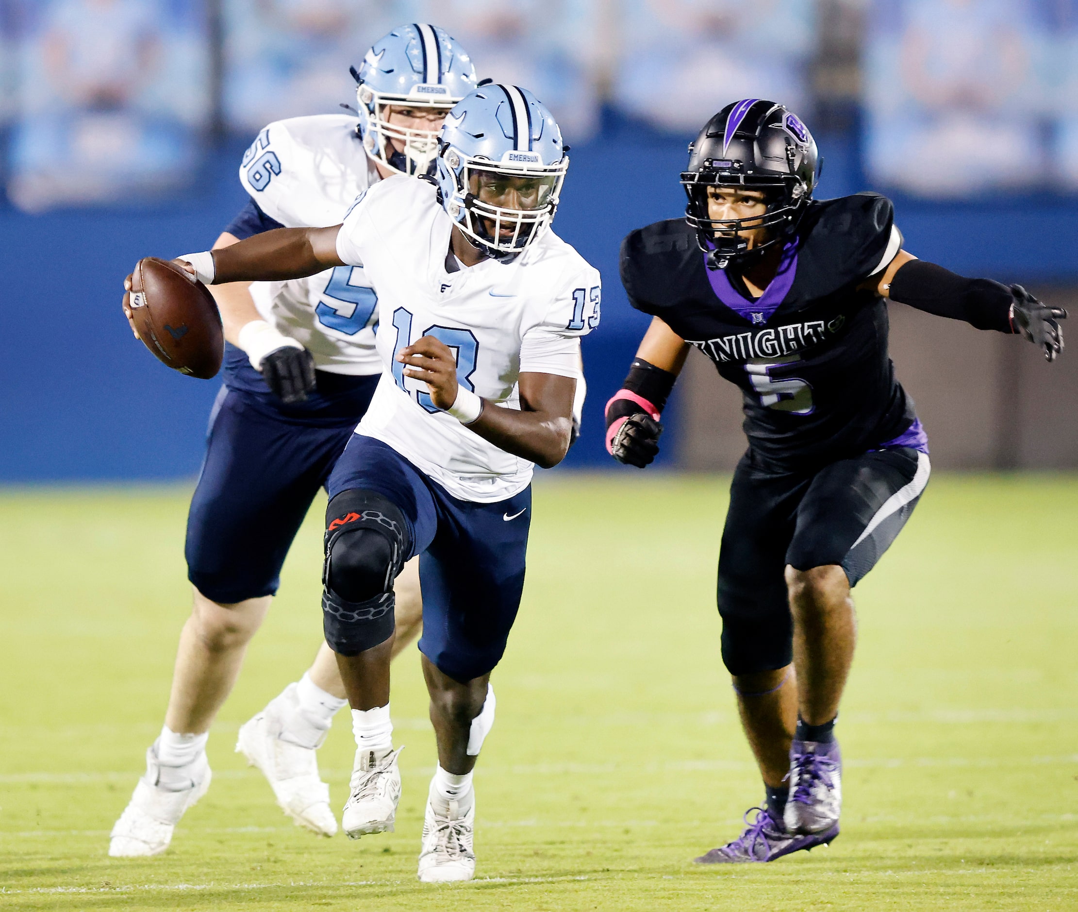 Frisco Emerson quarterback DJ Shelton (13) breaks away from Frisco Independence defender...