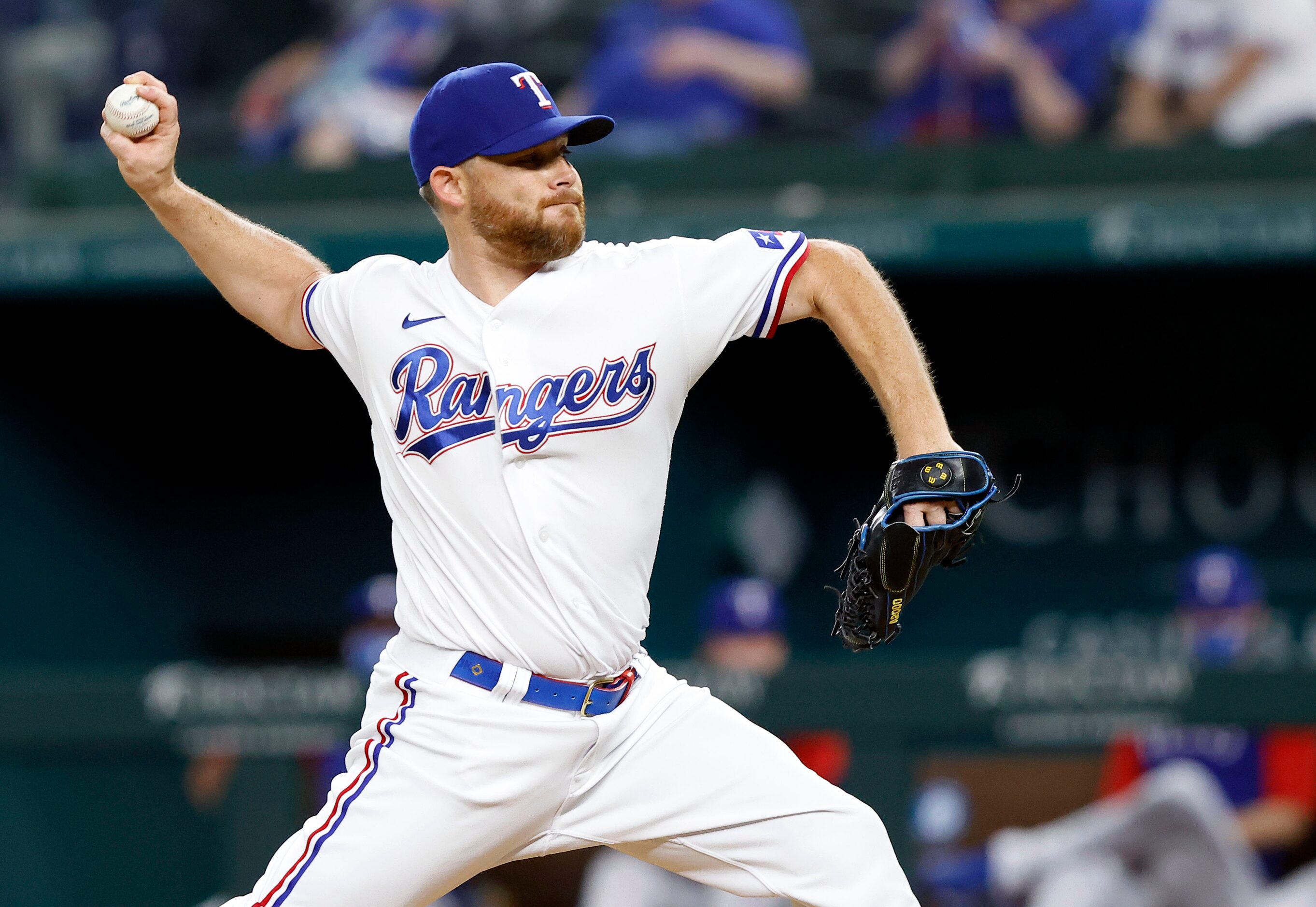 Texas Rangers relief pitcher Ian Kennedy (31) throws against the Boston Red Sox during the...