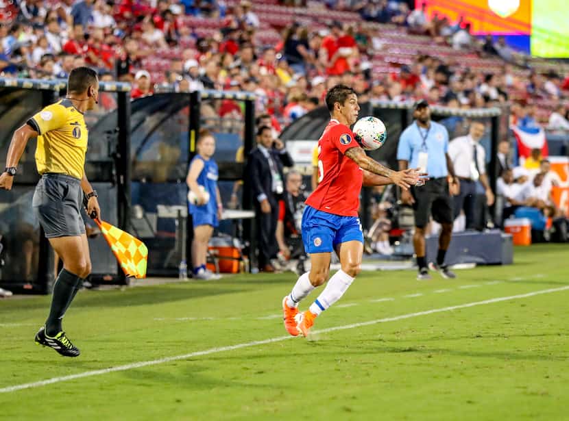 Cristian Gamboa of Costa Rica chest traps the ball in the 2019 Gold Cup at Toyota Stadium....