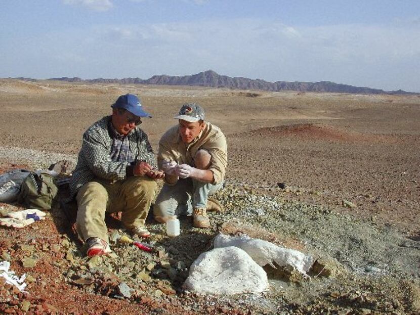 In this photo released by Project Exploration, Chinese dinosaur hunter Zhao Xijin (left) and...