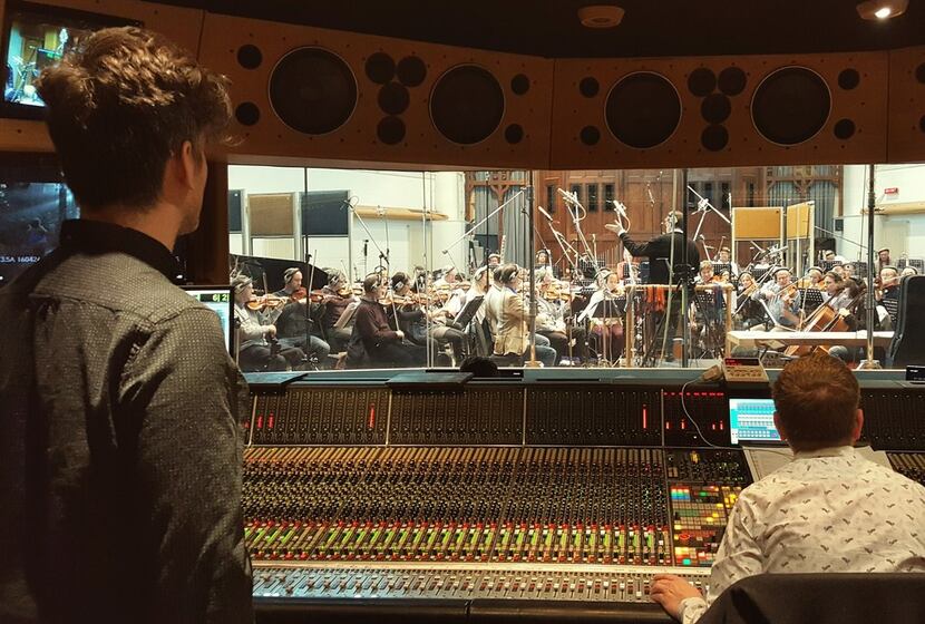 Dallas native composer Daniel Hart in 2016 recording his score for 'Pete's Dragon' at AIR...