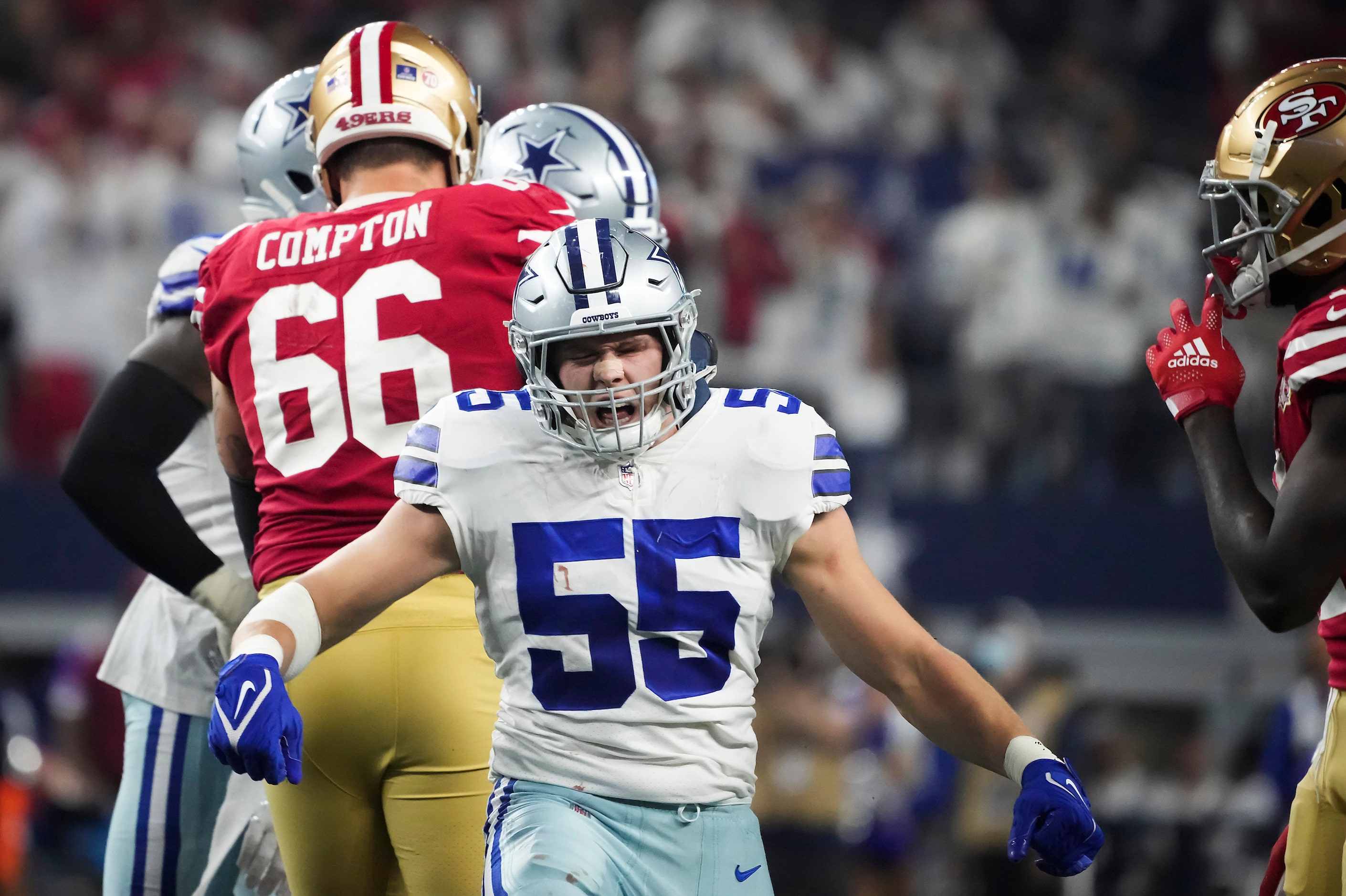 Dallas Cowboys outside linebacker Leighton Vander Esch (55) celebrates after a defensive...