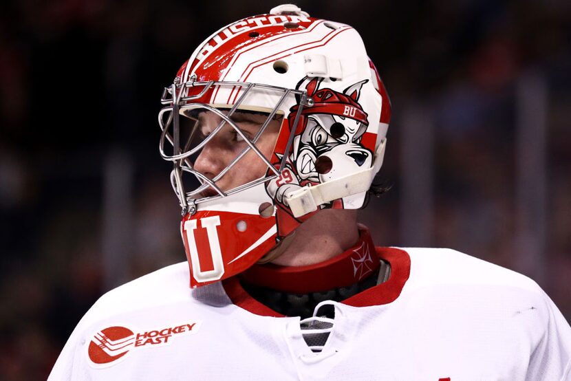 BOSTON, MA - FEBRUARY 13: Jake Oettinger #29 of the Boston University Terriers looks on...