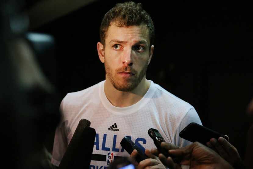 Dallas Mavericks forward David Lee speaks to the media on the practice court at the American...