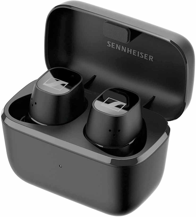 The Sennheiser CX Plus True Wireless earbuds in their charging case.