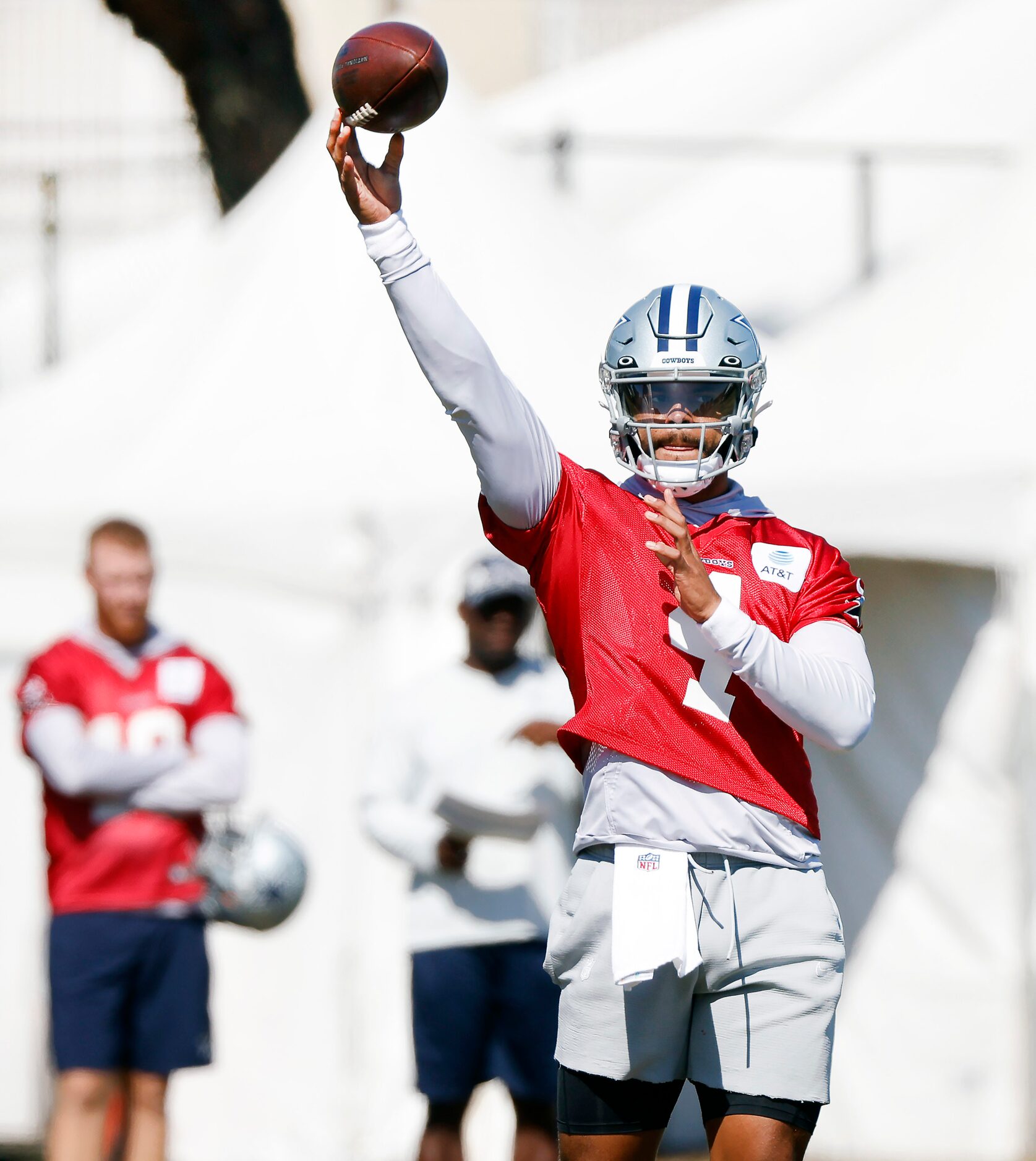 Dallas Cowboys quarterback Dak Prescott (4) tosses a pass during a walk thru on the final...