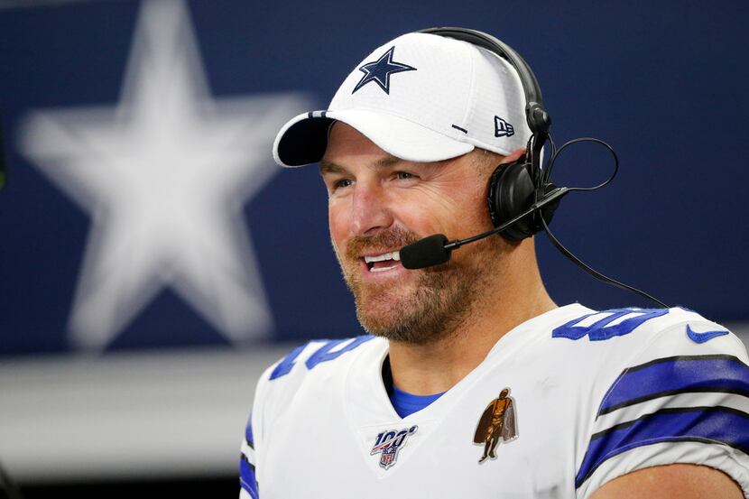 Dallas Cowboys tight end Jason Witten (82) laughs during an in-game television interview...