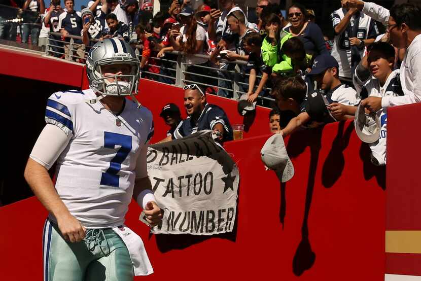 Dallas Cowboys quarterback Cooper Rush (7) enters the field for warm ups before a National...