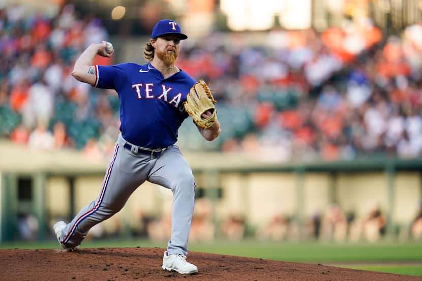 Texas Rangers starting pitcher Jon Gray throws a pitch to the Baltimore Orioles during the...