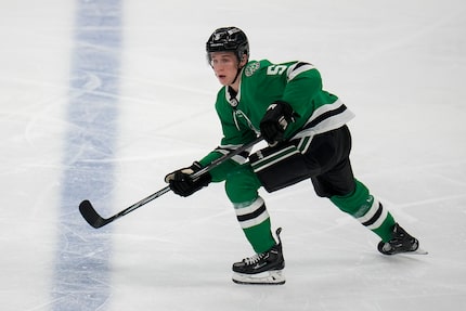 Dallas Stars defenseman Nils Lundkvist skates against the Vegas Golden Knights during the...