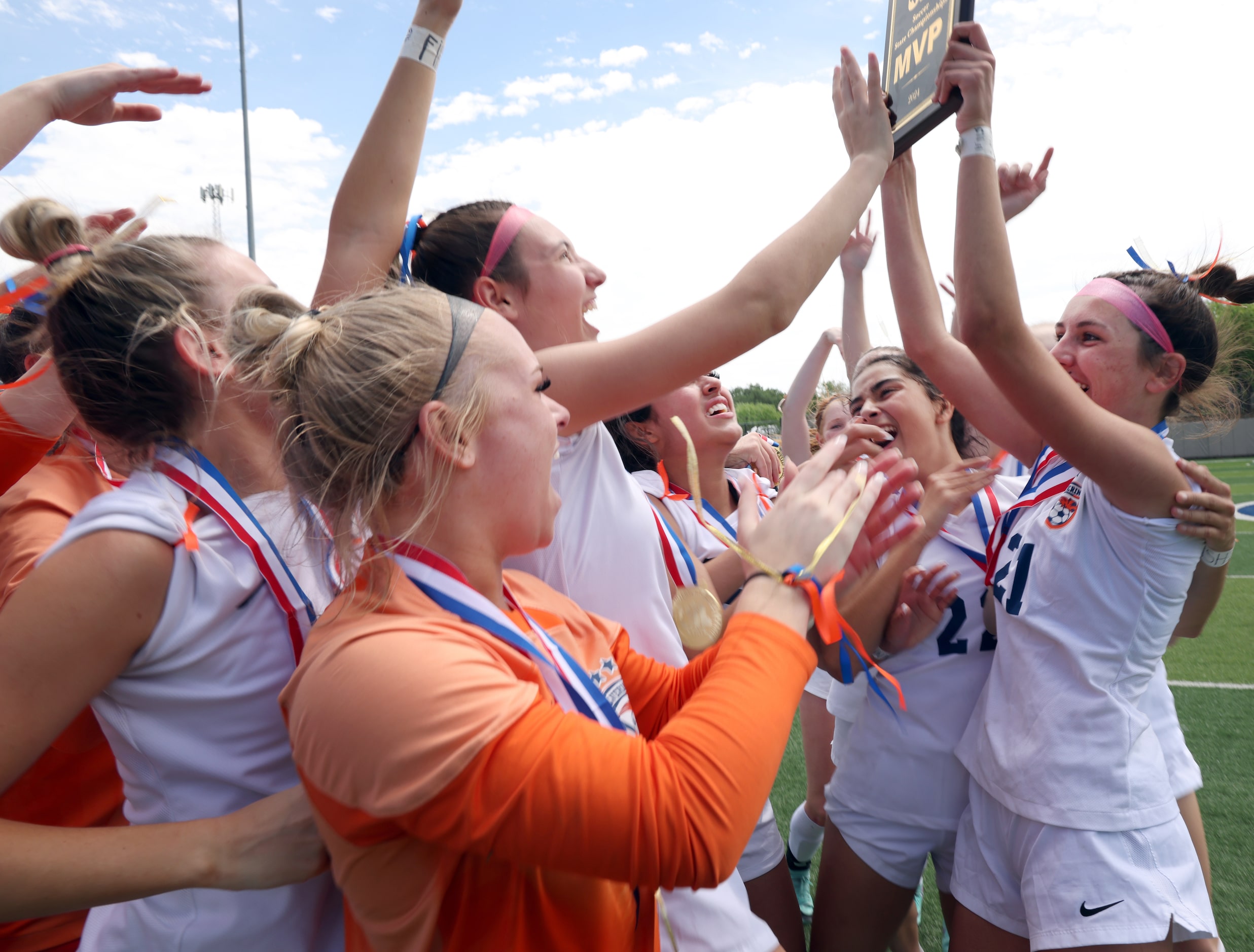  Frisco Wakeland players congratulate forward Audrey Gilbert (21), far right, after she was...