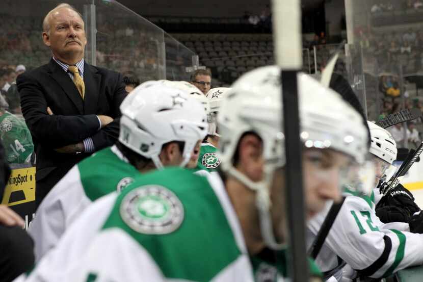 Dallas Stars head coach Lindy Ruff on the bench in the first period of NHL Preseason Hockey...