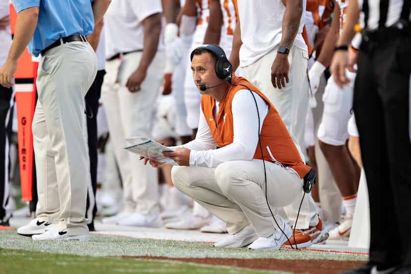 Head Coach Steve Sarkisian of the Texas Longhorns watches the game on the sidelines in the...