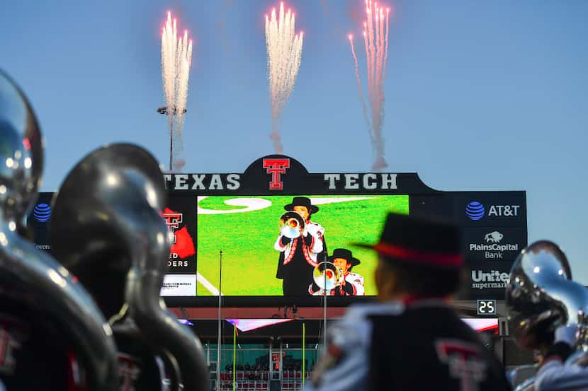 LUBBOCK, TX - OCTOBER 22: General view of fireworks during the National Anthem before the...