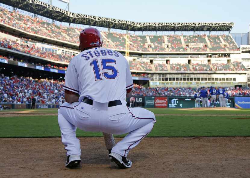 Texas Rangers center fielder Drew Stubbs (15) waits on deck during Game 4 of the ALDS...