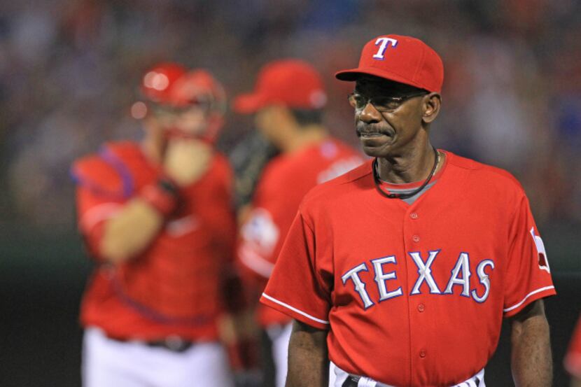 texas manager Ron Washington is pictured after a pitching change in the seventh inning...