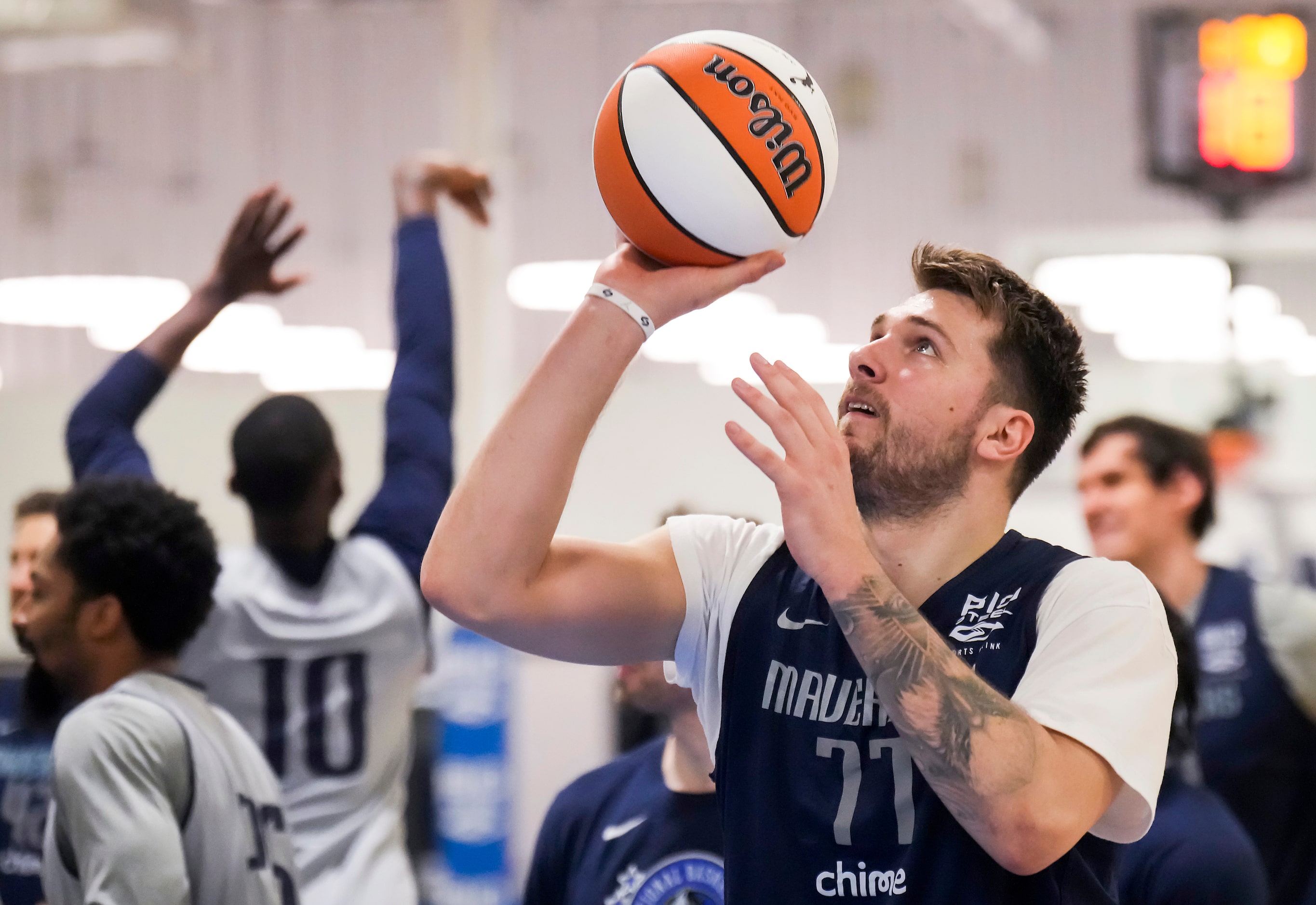 Dallas Mavericks guard Luka Doncic shoots as the team practices in preparation for Game 3 of...