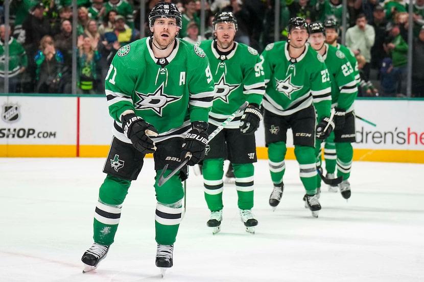 Dallas Stars center Tyler Seguin (91), center Matt Duchene (95), left wing Mason Marchment...