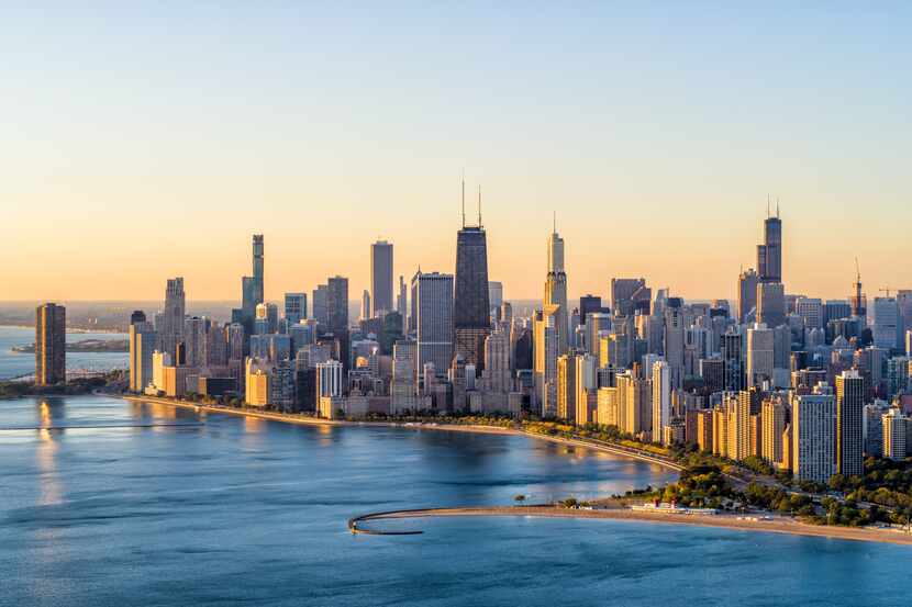 An aerial view of Chicago's Lake Shore Drive at sunrise in October 2019.