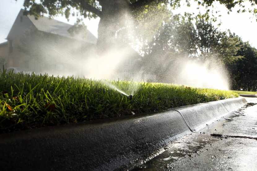 Sprinklers water the lawn -- with spray also going into the street gutter -- in front of a...