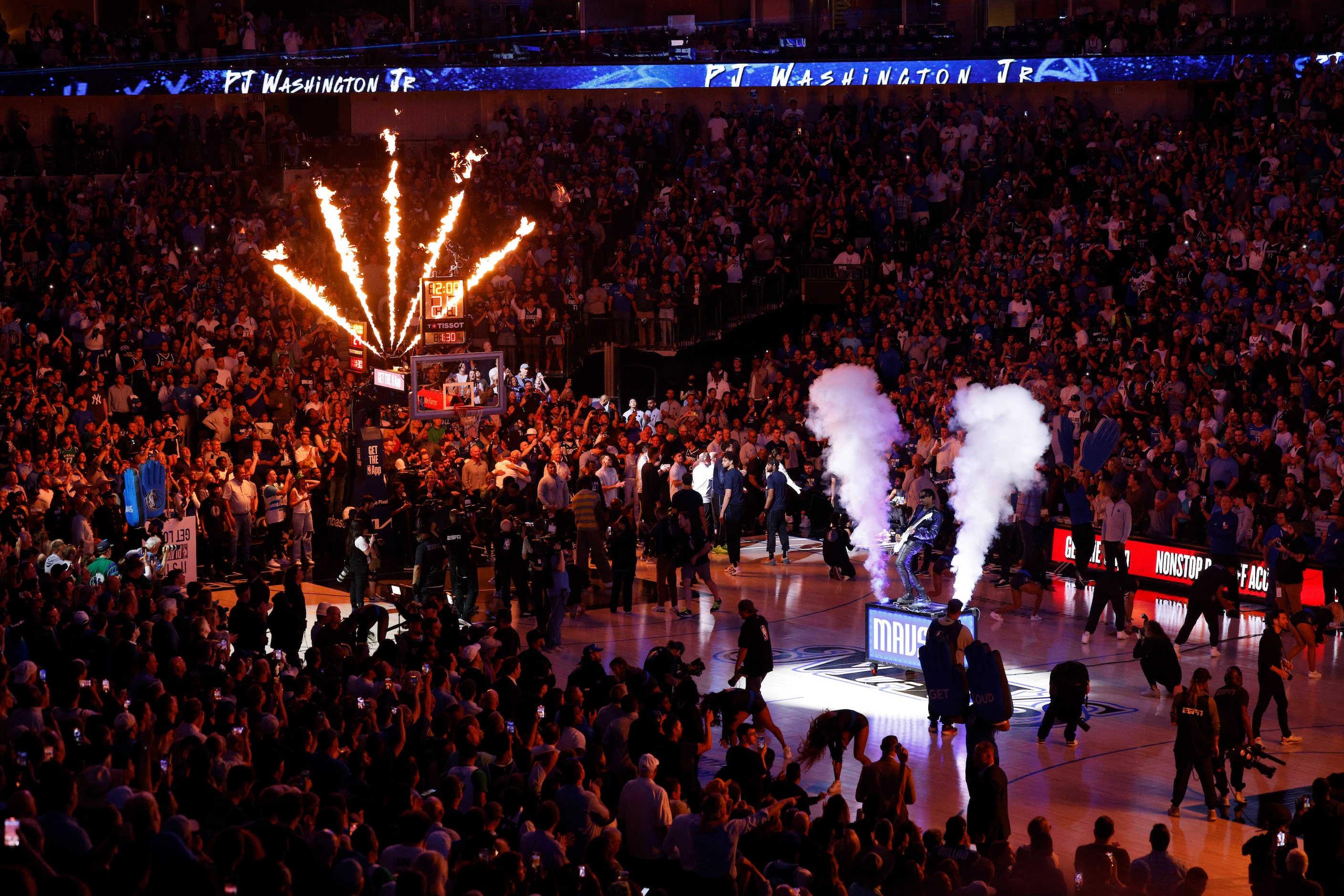 Machine Gun Kelly guitarist Justin Lyons performs as the Dallas Mavericks are introduced...