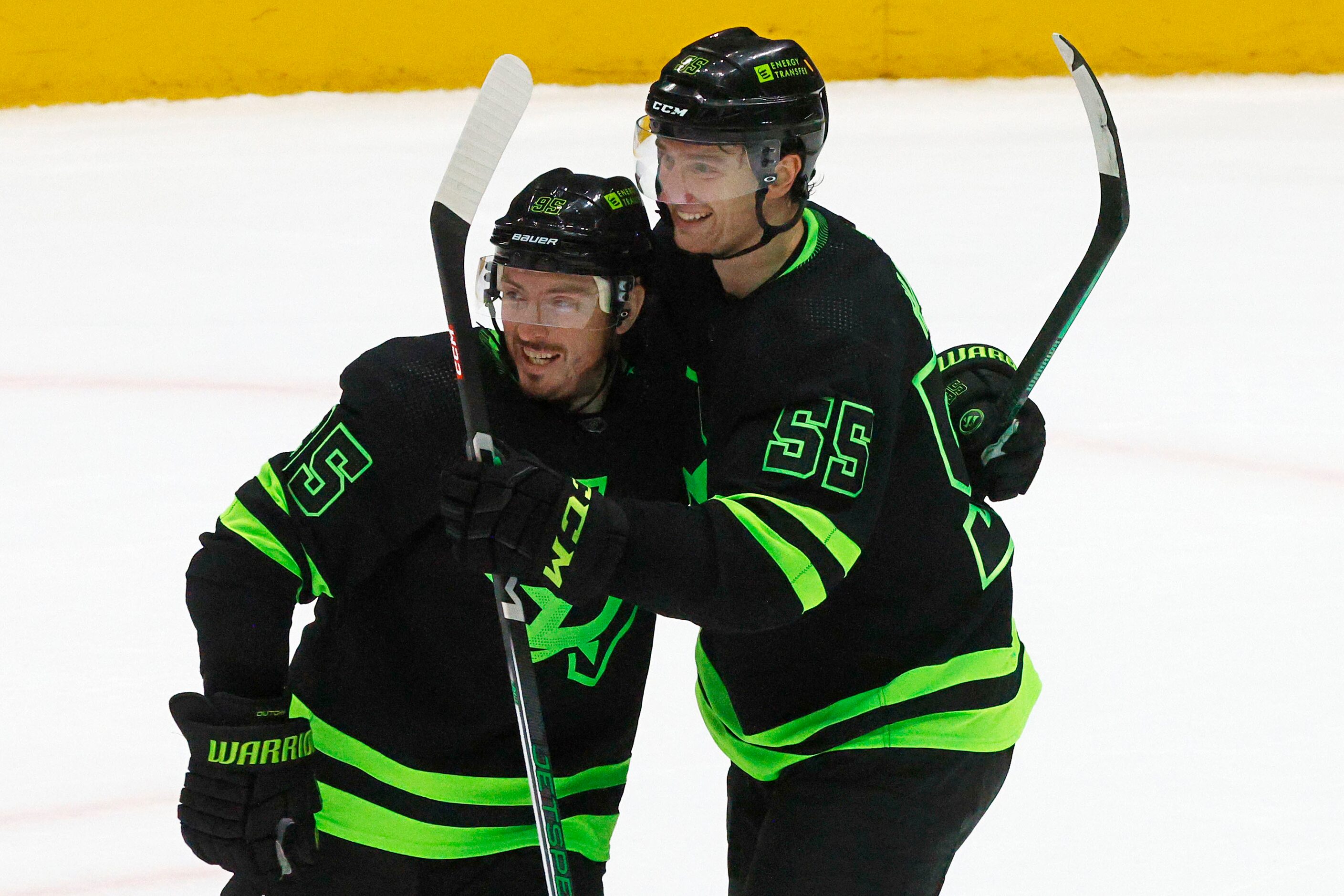 Dallas Stars defenseman Thomas Harley (55) celebrates with his teammate Dallas Stars center...