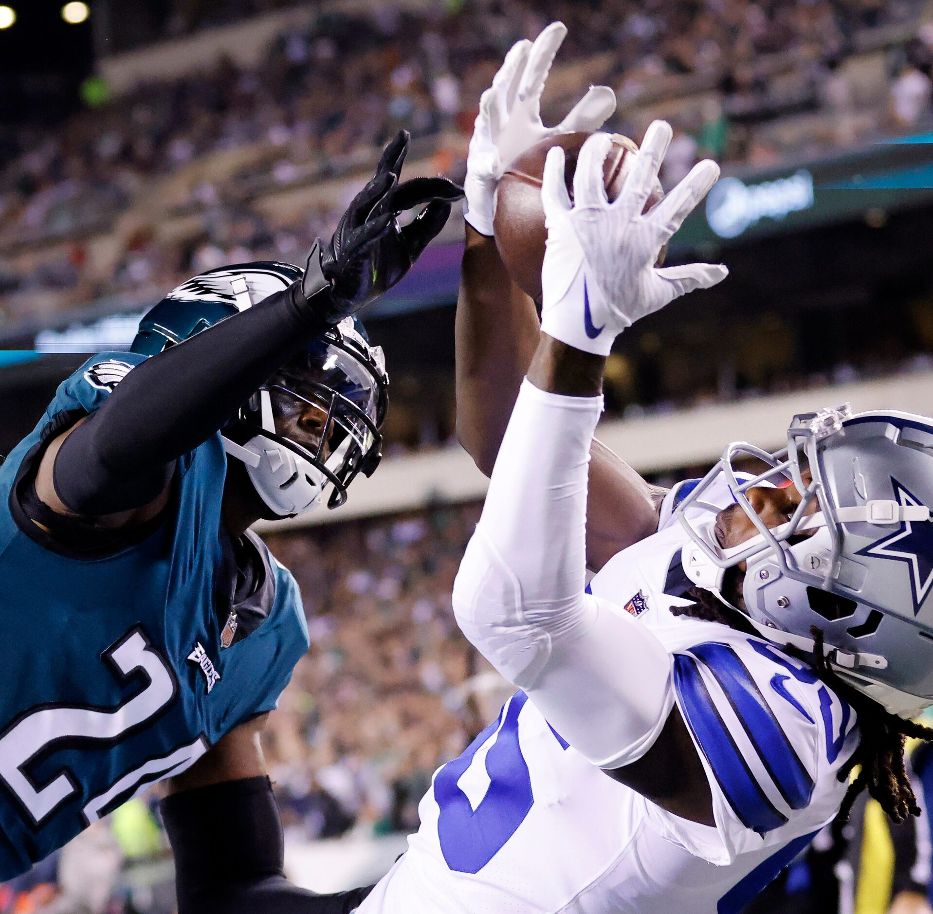 Dallas Cowboys wide receiver Noah Brown (85) goes high in the corner of the end zone for a...