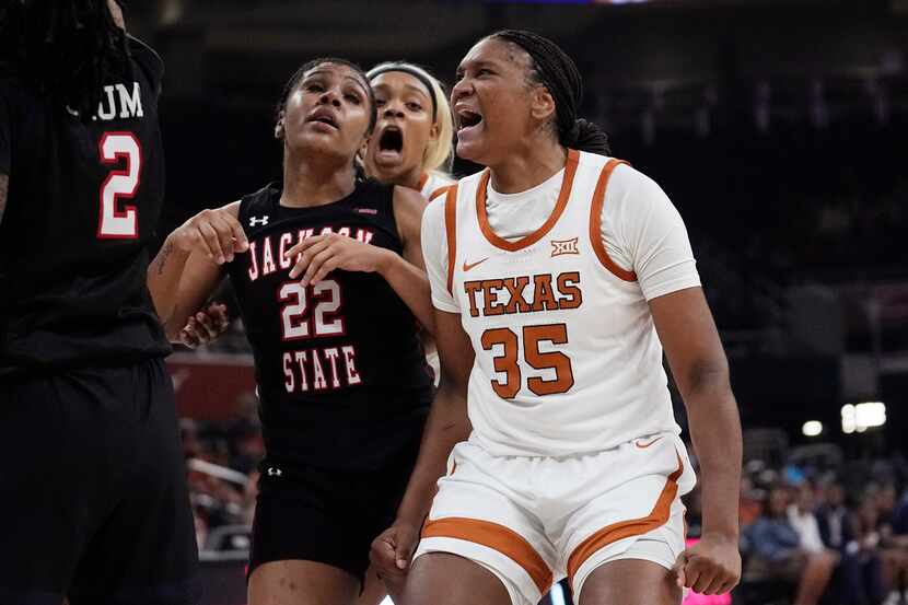 Texas forward Madison Booker (35) reacts after scoring against Jackson State during the...
