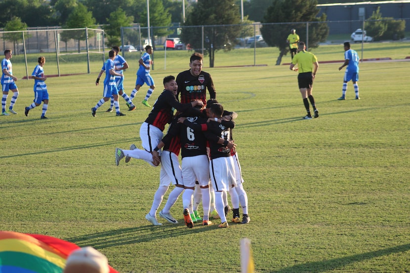 May 9, 2018; Dallas, TX, USA; The North Texas Rayados celebrate their opening goal of its...