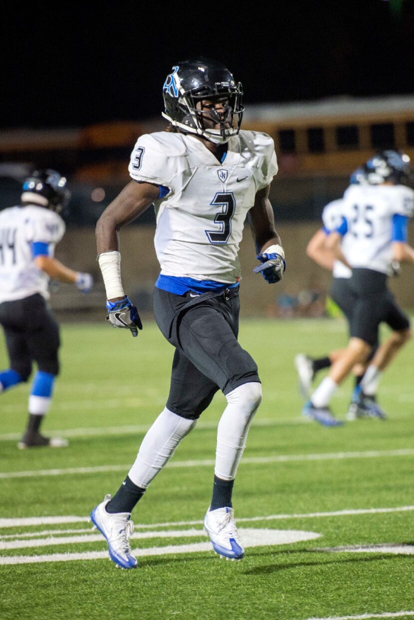 Trophy Club Byron Nelson senior wide receiver Pascal Mondombo (3) takes the field in the...