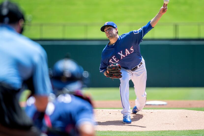 Texas Rangers starting pitcher Joe Palumbo works against the Los Angeles Angels during the...