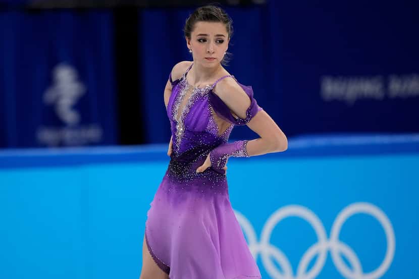 Kamila Valieva, of the Russian Olympic Committee, practices ahead of the women's short...