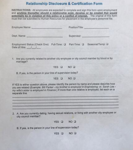 This is the front page of a two-page form that all Lancaster city employees must fill out to...