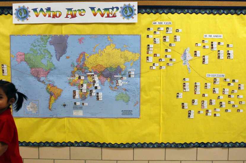 A world map describes the roots of children in Richardson ISD in this archived photo. (Mona...