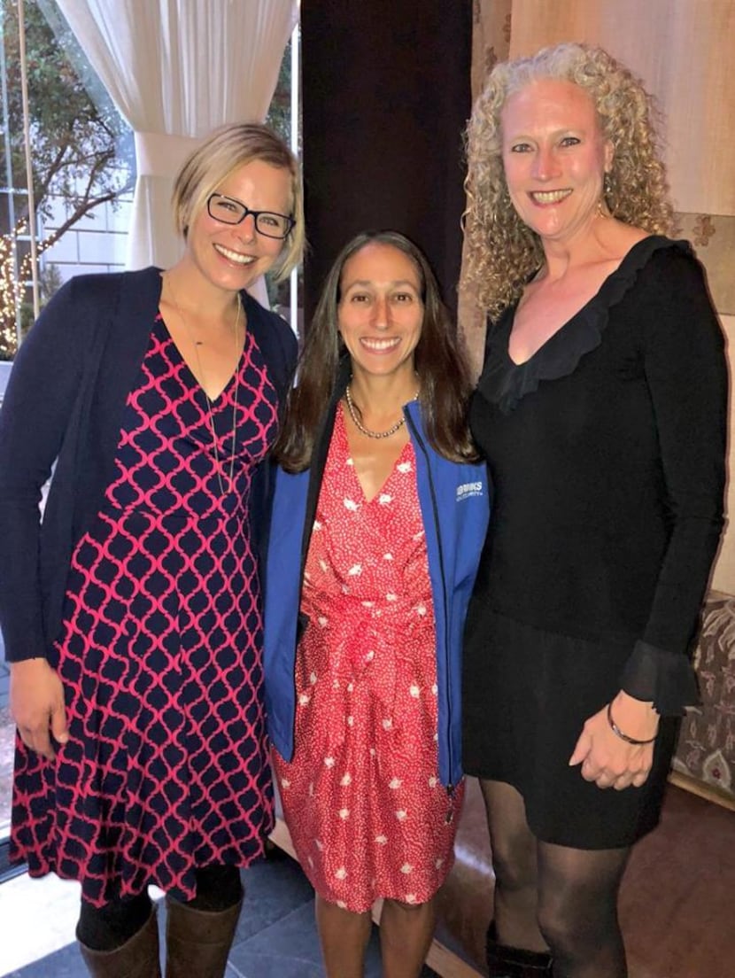 Des Linden was happy to pose for pictures at the pre-race gathering. L. to R. Michelle...